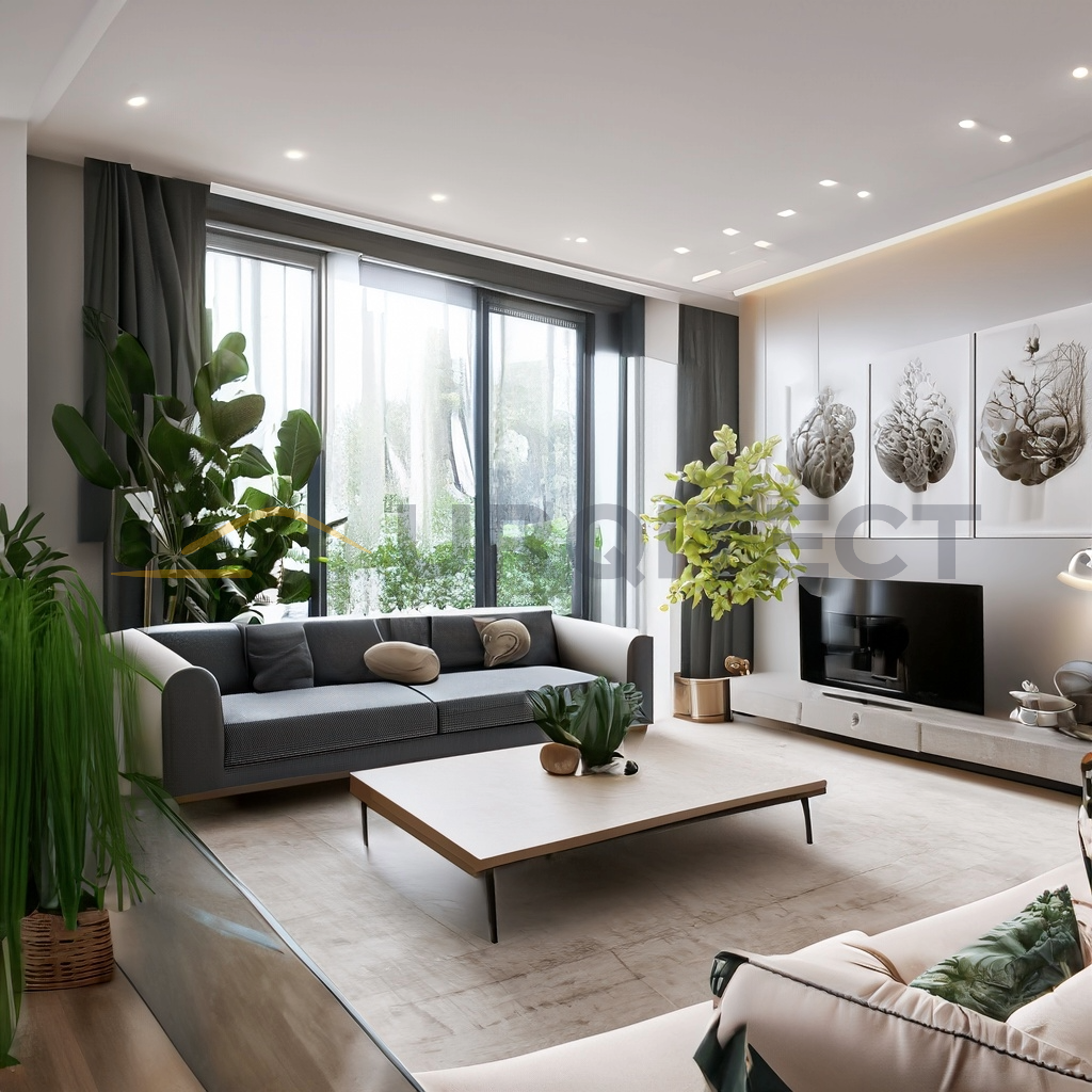 Modernes Wohnzimmer mit Pflanzen, Sofa und Fernseher